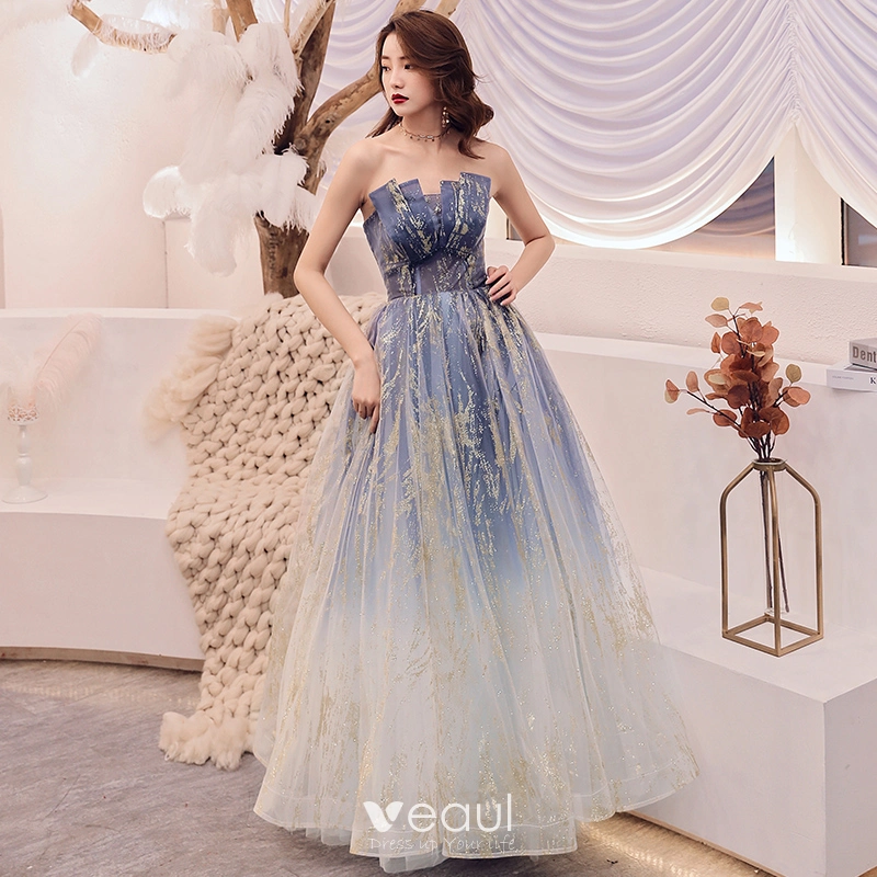 Charming Navy Blue Gradient Color Prom Dresses 2019 A Line Princess Strapless Sleeveless Glitter Tulle Floor Length Long Ruffle Backless Formal Dresses