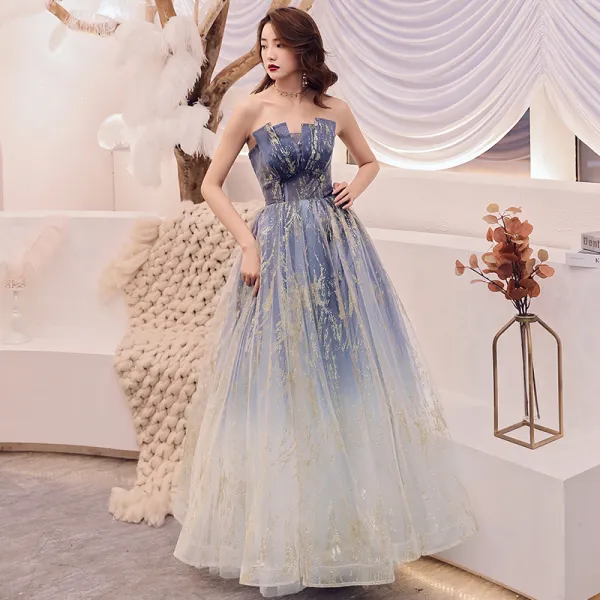 Charming Navy Blue Gradient-Color Prom Dresses 2019 A-Line / Princess Strapless Sleeveless Glitter Tulle Floor-Length / Long Ruffle Backless Formal Dresses