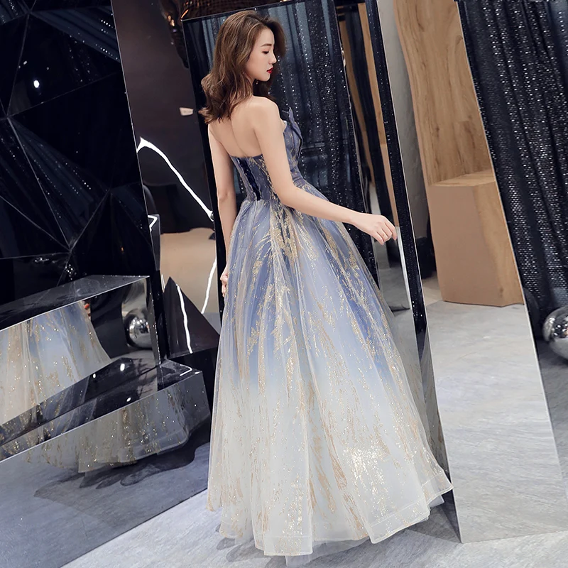 Charming Navy Blue Gradient-Color Prom Dresses 2019 A-Line Princess Strapless Sleeveless