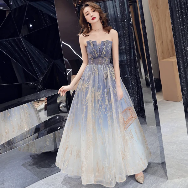Charmant Bleu Marine Dégradé De Couleur Robe De Bal 2019 Princesse Bustier Sans Manches Glitter Tulle Longue Volants Dos Nu Robe De Ceremonie