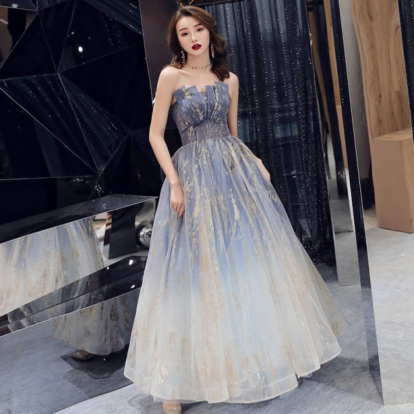 Charmant Bleu Marine Dégradé De Couleur Robe De Bal 2019 Princesse Bustier Sans Manches Glitter Tulle Longue Volants Dos Nu Robe De Ceremonie