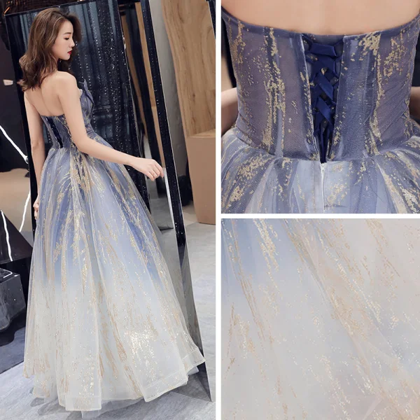 Charmant Bleu Marine Dégradé De Couleur Robe De Bal 2019 Princesse Bustier Sans Manches Glitter Tulle Longue Volants Dos Nu Robe De Ceremonie