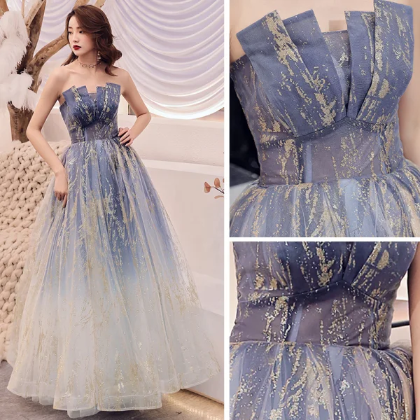 Charmant Bleu Marine Dégradé De Couleur Robe De Bal 2019 Princesse Bustier Sans Manches Glitter Tulle Longue Volants Dos Nu Robe De Ceremonie