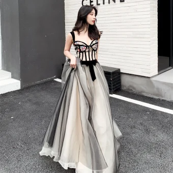 Modern Fashion Black Champagne Prom Dresses 2019 A Line Princess Shoulders Sleeveless Sequins Embroidered Flower Floor Length Long Ruffle Backless Formal Dresses