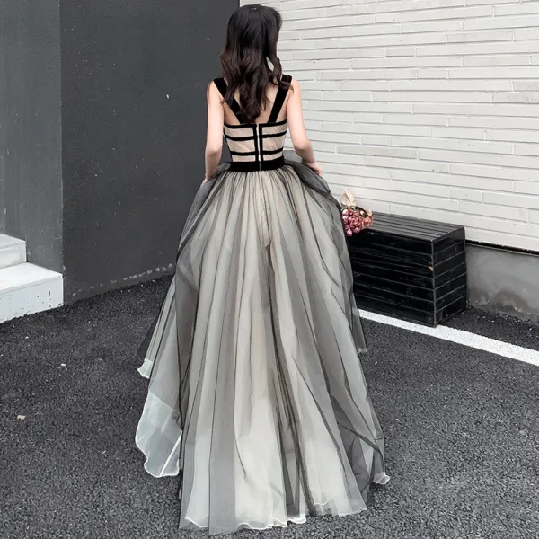 Modern / Fashion Black Champagne Prom Dresses 2019 A-Line / Princess Shoulders Sleeveless Sequins Embroidered Flower Floor-Length / Long Ruffle Backless Formal Dresses