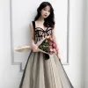 Modern / Fashion Black Champagne Prom Dresses 2019 A-Line / Princess Shoulders Sleeveless Sequins Embroidered Flower Floor-Length / Long Ruffle Backless Formal Dresses