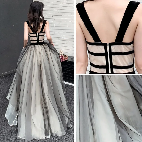 Modern / Fashion Black Champagne Prom Dresses 2019 A-Line / Princess Shoulders Sleeveless Sequins Embroidered Flower Floor-Length / Long Ruffle Backless Formal Dresses