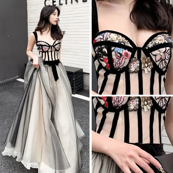 Modern / Fashion Black Champagne Prom Dresses 2019 A-Line / Princess Shoulders Sleeveless Sequins Embroidered Flower Floor-Length / Long Ruffle Backless Formal Dresses