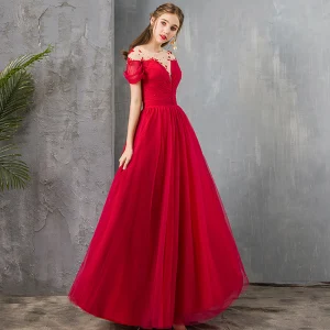 Elegant Red See Through Evening Dresses 2019 A Line Princess Square Neckline Short Sleeve Beading Floor Length Long Ruffle Backless Formal Dresses