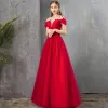 Elegant Red See-through Evening Dresses  2019 A-Line / Princess Square Neckline Short Sleeve Beading Floor-Length / Long Ruffle Backless Formal Dresses