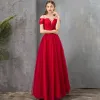 Elegante Rot Durchsichtige Abendkleider 2019 A Linie Eckiger Ausschnitt Kurze Ärmel Perlenstickerei Lange Rüschen Rückenfreies Festliche Kleider