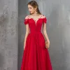 Elegant Red See-through Evening Dresses  2019 A-Line / Princess Square Neckline Short Sleeve Beading Floor-Length / Long Ruffle Backless Formal Dresses