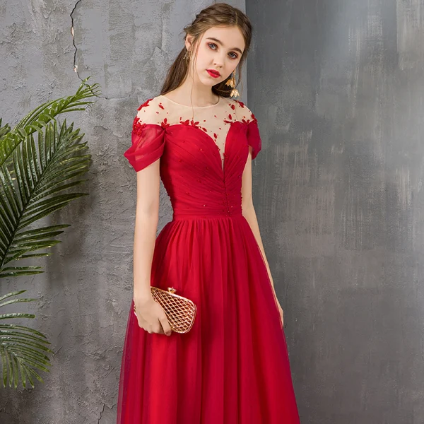 Elegante Rot Durchsichtige Abendkleider 2019 A Linie Eckiger Ausschnitt Kurze Ärmel Perlenstickerei Lange Rüschen Rückenfreies Festliche Kleider