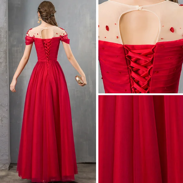Elegante Rot Durchsichtige Abendkleider 2019 A Linie Eckiger Ausschnitt Kurze Ärmel Perlenstickerei Lange Rüschen Rückenfreies Festliche Kleider