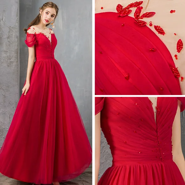 Elegante Rot Durchsichtige Abendkleider 2019 A Linie Eckiger Ausschnitt Kurze Ärmel Perlenstickerei Lange Rüschen Rückenfreies Festliche Kleider