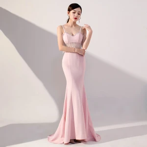 Sexy Rose Bonbon Transparentes Robe De Soirée 2019 Trompette Sirène Bretelles Spaghetti Sans Manches Perlage Gland Train De Balayage Dos Nu Robe De Ceremonie