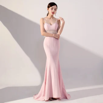 Sexy Candy Pink See Through Evening Dresses 2019 Trumpet Mermaid Spaghetti Straps Sleeveless Beading Tassel Sweep Train Backless Formal Dresses