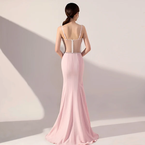 Sexy Rose Bonbon Transparentes Robe De Soirée 2019 Trompette / Sirène Bretelles Spaghetti Sans Manches Perlage Gland Train De Balayage Dos Nu Robe De Ceremonie