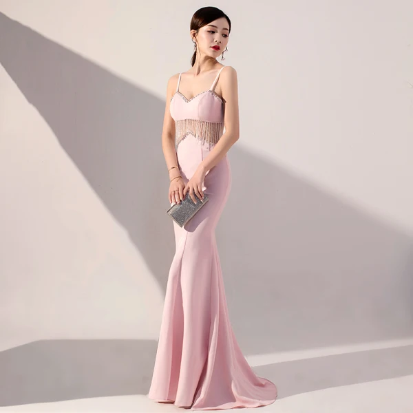 Sexy Rose Bonbon Transparentes Robe De Soirée 2019 Trompette / Sirène Bretelles Spaghetti Sans Manches Perlage Gland Train De Balayage Dos Nu Robe De Ceremonie