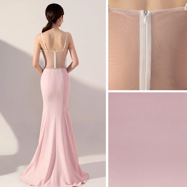 Sexy Rose Bonbon Transparentes Robe De Soirée 2019 Trompette / Sirène Bretelles Spaghetti Sans Manches Perlage Gland Train De Balayage Dos Nu Robe De Ceremonie