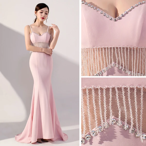 Sexy Rose Bonbon Transparentes Robe De Soirée 2019 Trompette / Sirène Bretelles Spaghetti Sans Manches Perlage Gland Train De Balayage Dos Nu Robe De Ceremonie