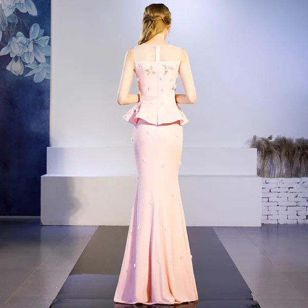 Chic / Beautiful Blushing Pink See-through Evening Dresses 2019 Trumpet / Mermaid Scoop Neck Sleeveless Appliques Flower Beading Floor-Length / Long Ruffle Formal Dresses