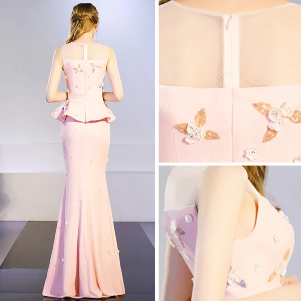 Chic / Beautiful Blushing Pink See-through Evening Dresses 2019 Trumpet / Mermaid Scoop Neck Sleeveless Appliques Flower Beading Floor-Length / Long Ruffle Formal Dresses