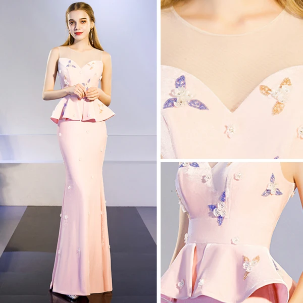 Chic / Beautiful Blushing Pink See-through Evening Dresses 2019 Trumpet / Mermaid Scoop Neck Sleeveless Appliques Flower Beading Floor-Length / Long Ruffle Formal Dresses