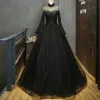 Eleganckie Czarne Przezroczyste Sukienki Na Bal 2019 Princessa Wysokiej Szyi Rękawy z dzwoneczkami Frezowanie Rhinestone Długie Wzburzyć Sukienki Wizytowe