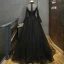 Elegant Black See-through Prom Dresses 2019 A-Line / Princess High Neck Bell sleeves Beading Rhinestone Floor-Length / Long Ruffle Formal Dresses