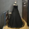 Elegant Black See-through Prom Dresses 2019 A-Line / Princess High Neck Bell sleeves Beading Rhinestone Floor-Length / Long Ruffle Formal Dresses