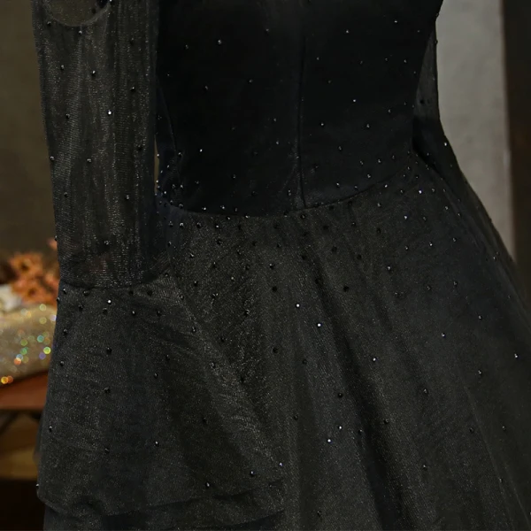 Elegant Black See-through Prom Dresses 2019 A-Line / Princess High Neck Bell sleeves Beading Rhinestone Floor-Length / Long Ruffle Formal Dresses