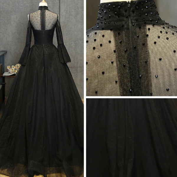 Elegant Black See-through Prom Dresses 2019 A-Line / Princess High Neck Bell sleeves Beading Rhinestone Floor-Length / Long Ruffle Formal Dresses