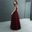 Style Chinois Bordeaux Transparentes Robe De Soirée 2019 Princesse Col Haut Manches Courtes Perlage Longue Volants Dos Nu Robe De Ceremonie