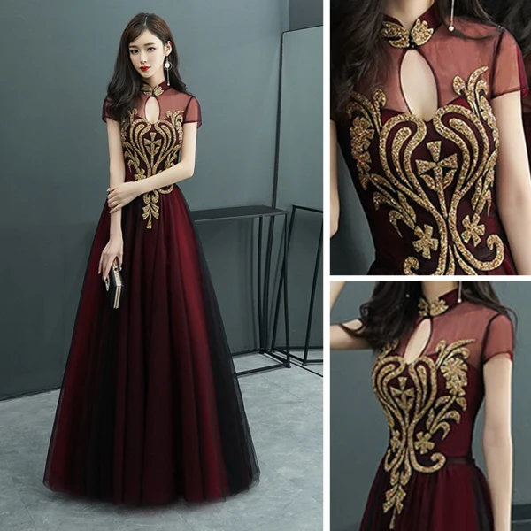 Style Chinois Bordeaux Transparentes Robe De Soirée 2019 Princesse Col Haut Manches Courtes Perlage Longue Volants Dos Nu Robe De Ceremonie