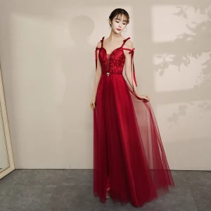 Chic Belle Bordeaux Robe De Soirée 2019 Princesse Bretelles Spaghetti Sans Manches Faux Diamant Métal Ceinture Longue Volants Dos Nu Robe De Ceremonie