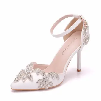 Chic Beautiful White Rhinestone Wedding Shoes 2026 Ankle Strap 9 Cm Stiletto Heels Pointed Toe Wedding High Heels