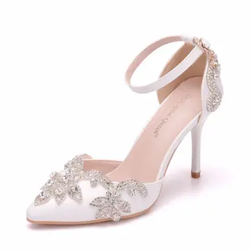 Chic Belle Blanche Faux Diamant Chaussure De Mariée 2026 Bride Cheville 9 Cm Talons Aiguilles À Bout Pointu Mariage Talons Hauts