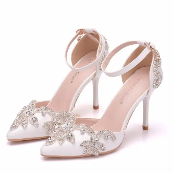 Schöne Weiß Strass Brautschuhe 2026 Knöchelriemen 9 cm Stilettos Spitzschuh Hochzeit Hochhackige