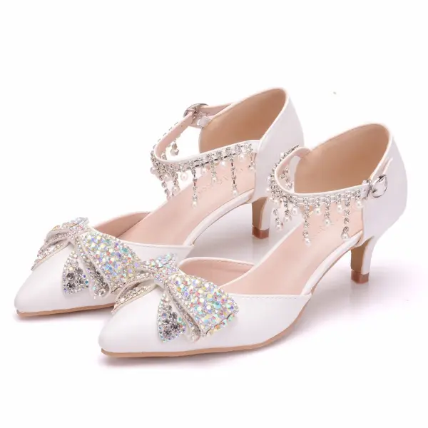 Sexy Weiß Perle Strass Schleife Brautschuhe 2025 Knöchelriemen 5 cm Stilettos Peeptoes Hochzeit Hochhackige