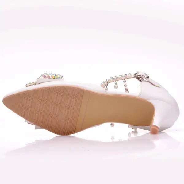 Sexy Weiß Perle Strass Schleife Brautschuhe 2025 Knöchelriemen 5 cm Stilettos Peeptoes Hochzeit Hochhackige