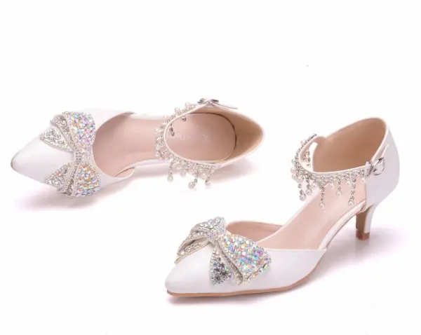 Sexy Weiß Perle Strass Schleife Brautschuhe 2025 Knöchelriemen 5 cm Stilettos Peeptoes Hochzeit Hochhackige