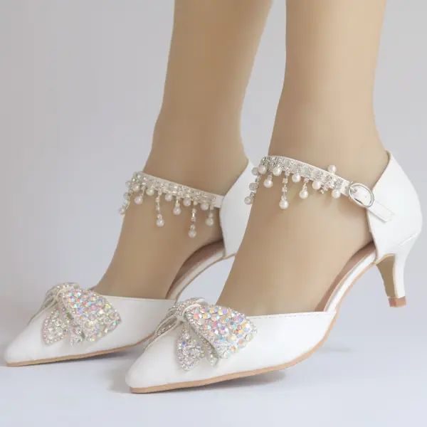 Sexy Weiß Perle Strass Schleife Brautschuhe 2025 Knöchelriemen 5 cm Stilettos Peeptoes Hochzeit Hochhackige