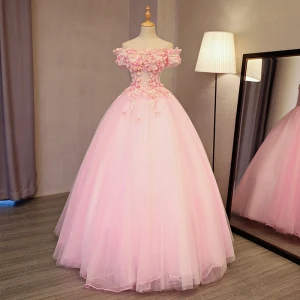 Charmant Perle Rose Robe De Bal 2017 Robe Boule De L Épaule Manches Courtes Appliques Fleur Perle Faux Diamant Longue Dos Nu Robe De Ceremonie