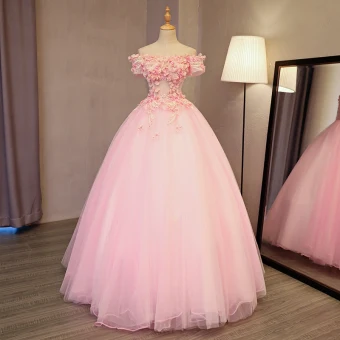 Lovely Pearl Pink Prom Dresses 2017 Ball Gown Off The Shoulder Short Sleeve Appliques Flower Pearl Rhinestone Floor Length Long Backless Formal Dresses