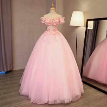 Lovely Pearl Pink Prom Dresses 2017 Ball Gown Off The Shoulder Short Sleeve Appliques Flower Pearl Rhinestone Floor Length Long Backless Formal Dresses