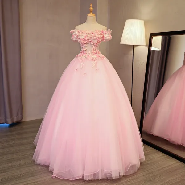 Lovely Pearl Pink Prom Dresses 2017 Ball Gown Off-The-Shoulder Short Sleeve Appliques Flower Pearl Rhinestone Floor-Length / Long Backless Formal Dresses