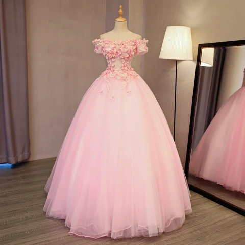 Herlig Perle Rosa Ballkjoler 2017 Ballkjole Av Skulderen Korte Ermer Appliques Blomst Perle Rhinestone Lange Ryggløse Formelle Kjoler