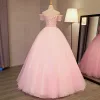 Lovely Pearl Pink Prom Dresses 2017 Ball Gown Off-The-Shoulder Short Sleeve Appliques Flower Pearl Rhinestone Floor-Length / Long Backless Formal Dresses