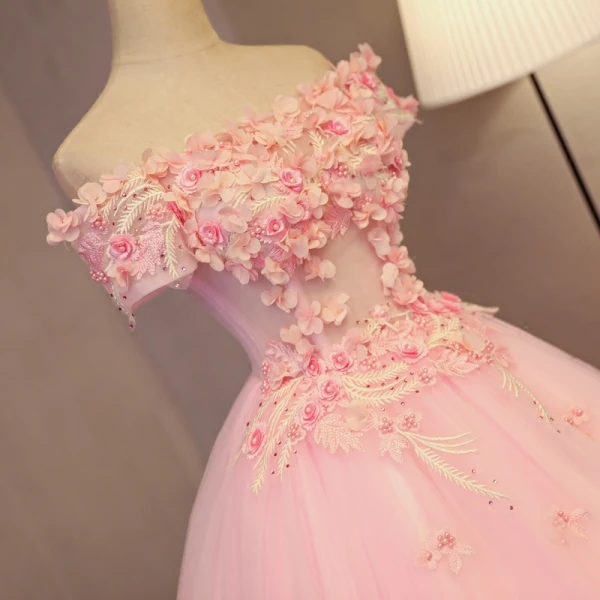 Charmant Perle Rose Robe De Bal 2017 Robe Boule De l'épaule Manches Courtes Appliques Fleur Perle Faux Diamant Longue Dos Nu Robe De Ceremonie
